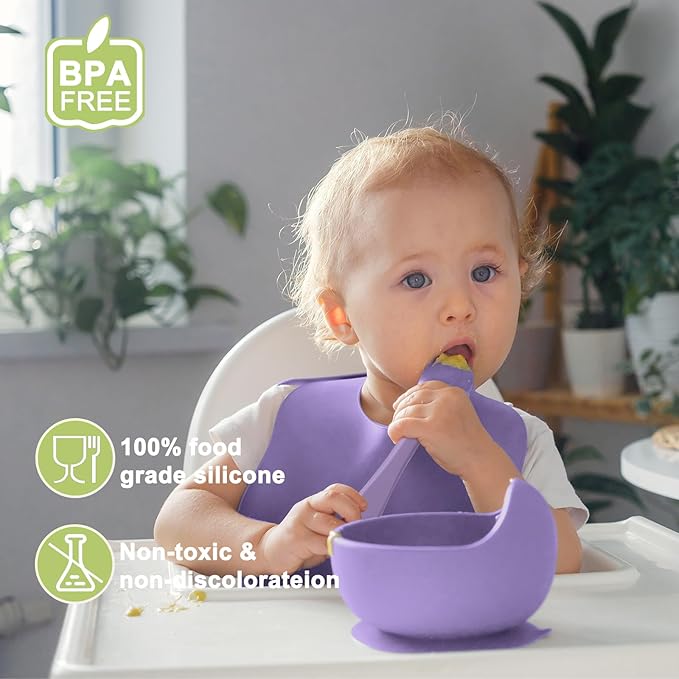 Silicone Baby Feeding Set | Baby Led Weaning Supplies Includes Suction Bowls and Divided Plates, Adjustable Bib, Baby Utensils Spoons and Forks,Cup | Baby Feeding Essentials (Purple)