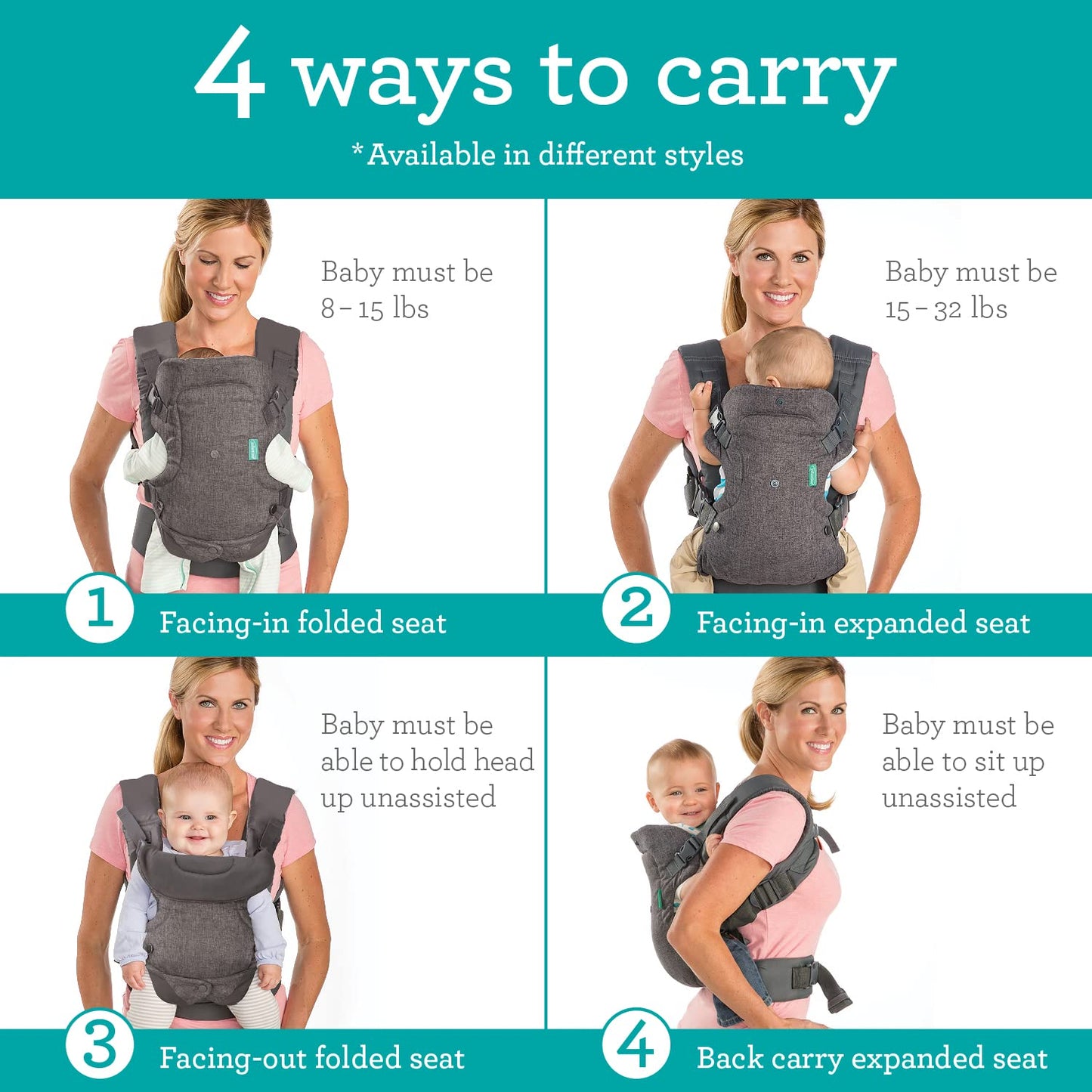 Infantino Flip 4-in-1 Convertible Baby Carrier, Adjustable, Ergonomic Babywearing, Registry Essential, Baby Carrier for Newborn to Toddler, Camo