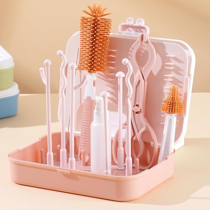 8-in-1 Baby Bottle Cleaner Set, Nylon & Silicone Bottle Brush, Cap, Straw & Nipple Brushes, BPA-Free, Includes Storage Case & Drying Rack Pink -1