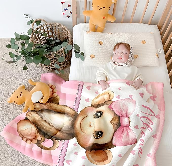 Personalized Baby Blanket for Girls, Custom Baby Blanket with Name, Soft Cozy Personalized Name Blankets for Kids, Customized Monkey Blanket for Infant Toddler Birthday Christmas