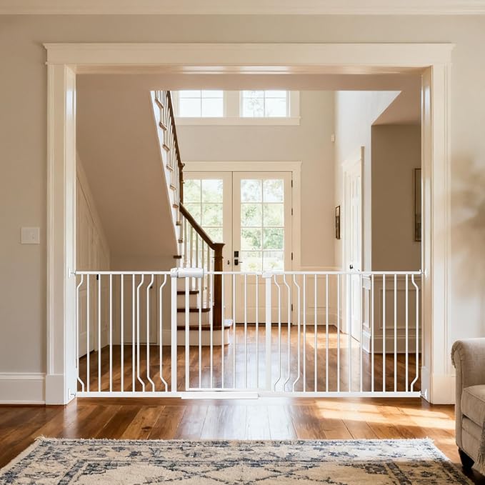 Extra Wide Baby Gates for Doorways 71.65"-85.82" Extra Wide Baby Gate Dog gate Pressure Mounted No Drilling with Walk-Through, Auto-Close & Dual-Direction Swing for Large Wide Opening White
