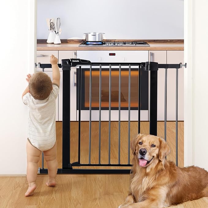 Babelio Baby Gate, 29-43" Auto-Close Easy Install Pet Gate, PressGuard P7 Extra Wide Walk Thru Child Safety Gate, 30" Tall Pressure-Mounted Metal Dog Gate for Doorways & Stairs, Black