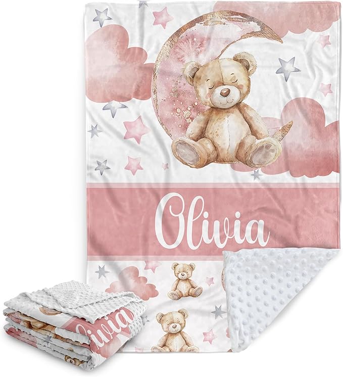 Personalized Baby Blanket – Custom Name Blankets for Newborns Boys Girls, Double Layer Dotted Backing, Pink Bear Flannel Receiving Swaddle, Sweet Custom Baby Gifts for Shower Birthday(47"x60")