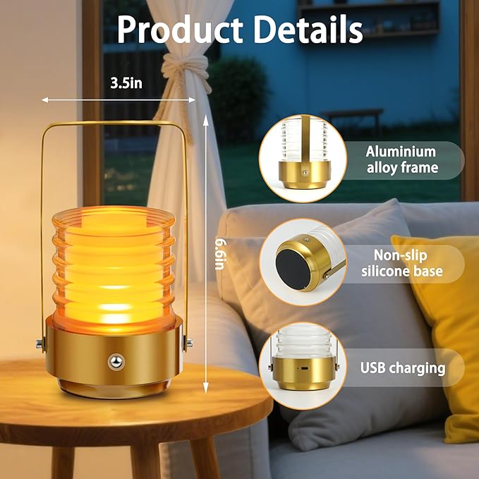 Outdoor Portable Table Lamp, 3 Colors Rechargeable Cordless LED Desk Lamp, Battery Operated Stepless Dimmable Touch Night Light, Small Lamp for Nightstand Bedside Bedroom Bar Camping Patio (Gold)