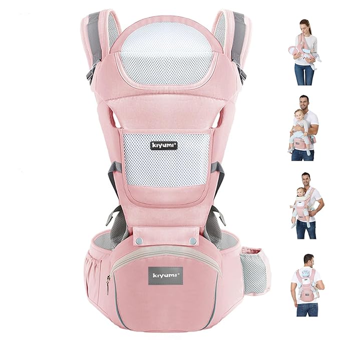 KIYUMI Baby Carrier with Hip Seat, Ergonomic M Position, Newborn to Toddler, Head Support and Breathable Mesh,Adjustable Removable 6- in-1 Baby Baby Sling Carrier (7-45 lbs) for Mom Dad, Pink