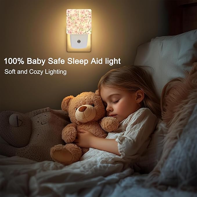 Spring Flowers Blossom Plug in Night Light with Auto Dusk to Dawn Sensor,Warm Night Lights for Boys Girls Bedroom Bathroom Hallway Kids Room Gifts