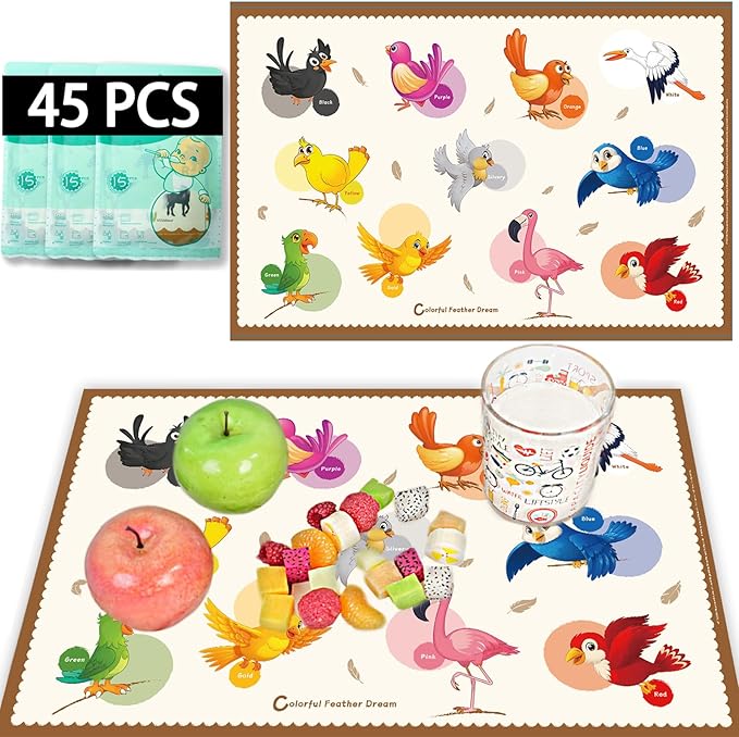 45 Pack Sticky Disposable Placemats for Baby & Toddlers,Cute Color Bird Toddler Placemat 12"x18" Kids Table Mat for Party, Picnic Table, Restaurants Dining Table Travel Essentials for Toddlers