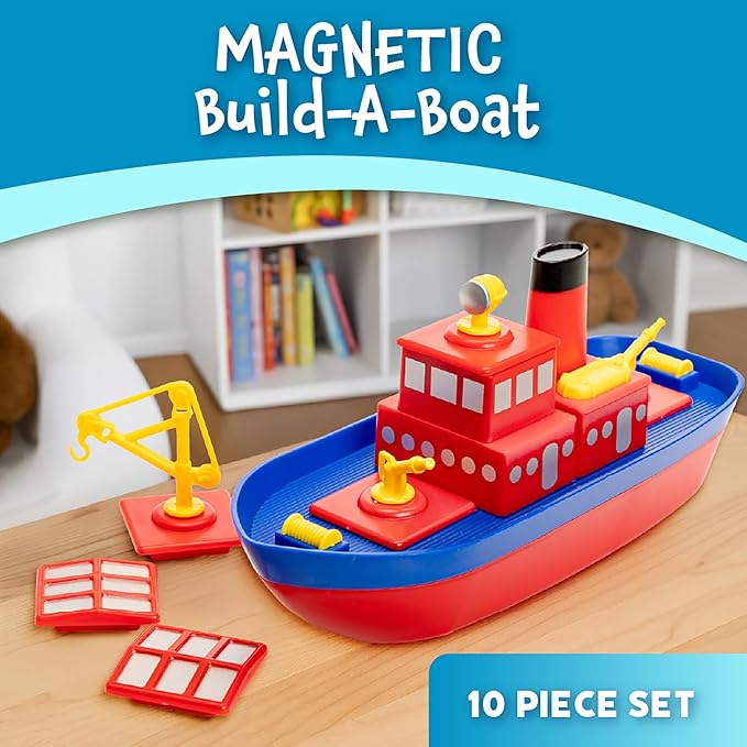 Magnetic Build-a-Boat Bath Toy Set for Kids – 10-Piece Magnetic Ship Building Playset for Tub & Water Play, Creative STEM Pool Toys for Toddlers Ages 3+