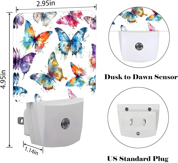 Watercolor Butterflies Night Light,Plug Into Wall for Boys Girls Bedroom Decorative Square Night Light Lamp 0.5w Sleep Friendly