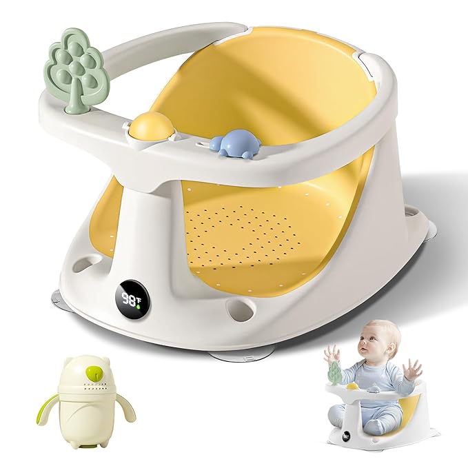 Coldew Baby Bath Seat for Babies 6 Months & Up, Non-Slip Toddler Bath Seat for Baby Sitting Up, Safe Baby Bath tub Seat with Suction Cups, Soft Cushion, Baby Bath Chair Yellow