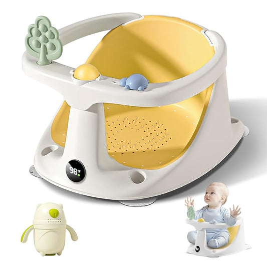 Coldew Baby Bath Seat for Babies 6 Months & Up, Non-Slip Toddler Bath Seat for Baby Sitting Up, Safe Baby Bath tub Seat with Suction Cups, Soft Cushion, Baby Bath Chair Yellow