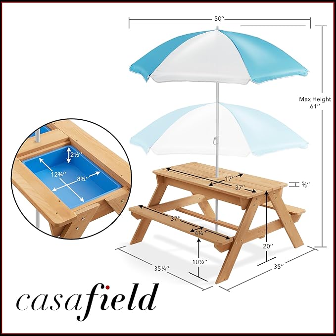 Casafield Children's Sand and Water Activity Table, 3-in-1 Wooden Outdoor Picnic Table with Umbrella, 2 Play Boxes and Removable Lid, Natural