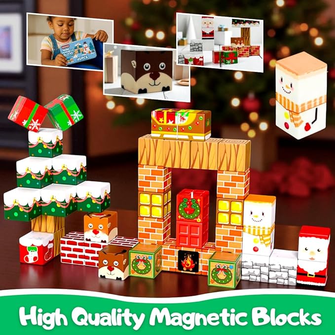 45PCS Mini Magnetic Blocks Christmas Set – Holiday STEM Building Cubes for Kids, Educational Travel Magnet Toy with Iron Box, Creative & Safe Gift for Boys & Girls Ages 3–8