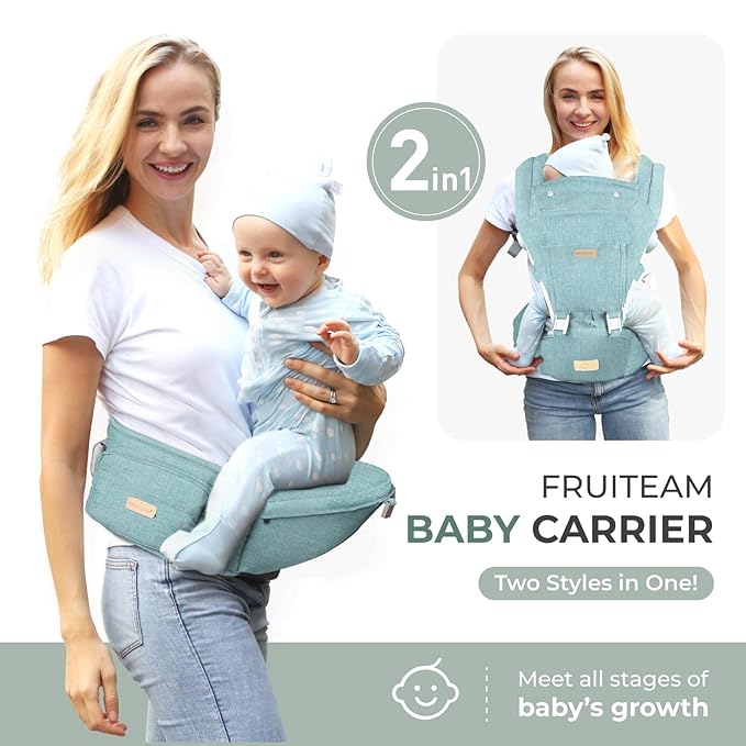 FRUITEAM 6-in-1 Baby Carrier with Waist Stool/Hip Seat, One Size Fits All -Adapt to Newborn, Baby Hip Carrier for Breastfeeding, Infant & Toddler (Green)