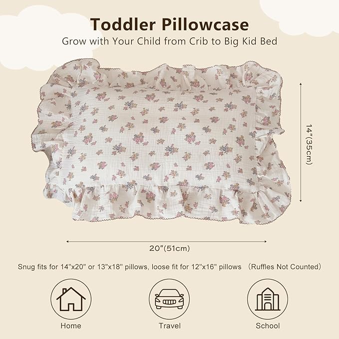 BuLuTu Chic Floral Themed Toddler Pillowcases with Ruffles, 100% Cotton Muslin Pillow Cases Crib Size Pillow Cover with Tuberose Flower Print, 14"x20", Children Bedding Gift