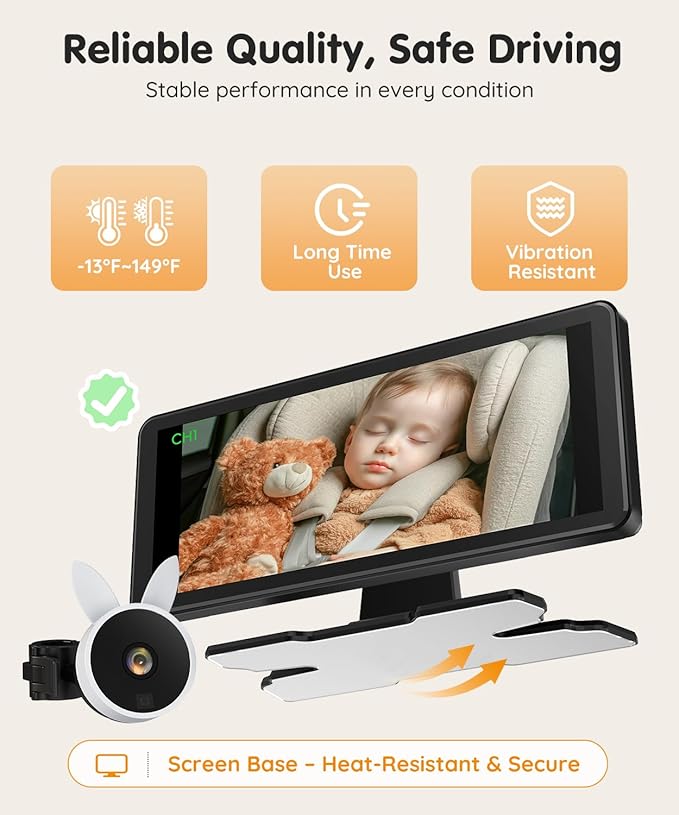 Babyvue BV3PRO 7.2" Dual Car Camera Baby Monitor, 1080P HD Split Screen, IR Night Vision, Double Car Camera for 2 Baby, Easy Setup for Carseat, Perfect for Family Travel, Pet Friendly