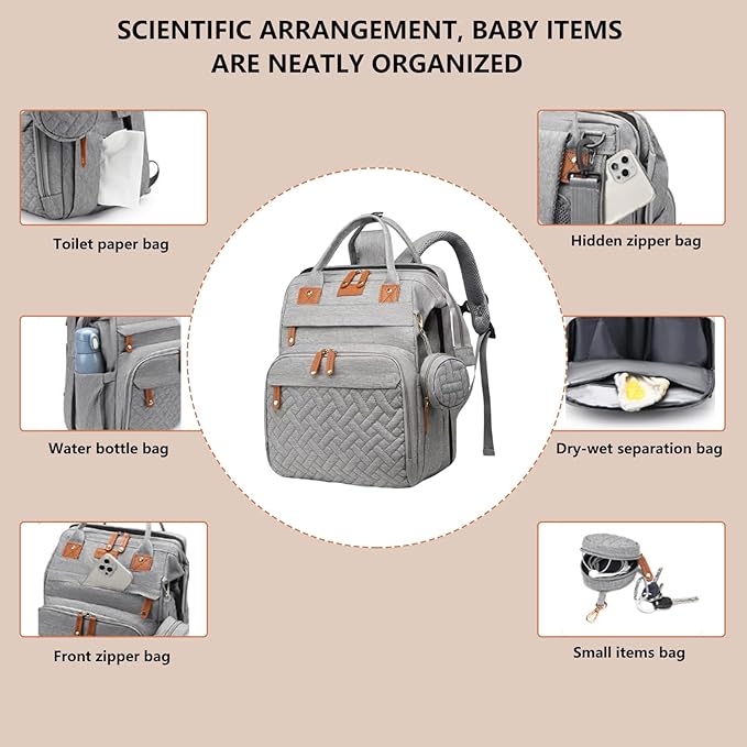 Baby Diaper Bag Backpack with Changing Station, Waterproof Large Capacity Baby Bag with USB Charging Port, Lightweight Travel Backpack Diaper Bag with Portable Crib - Grey