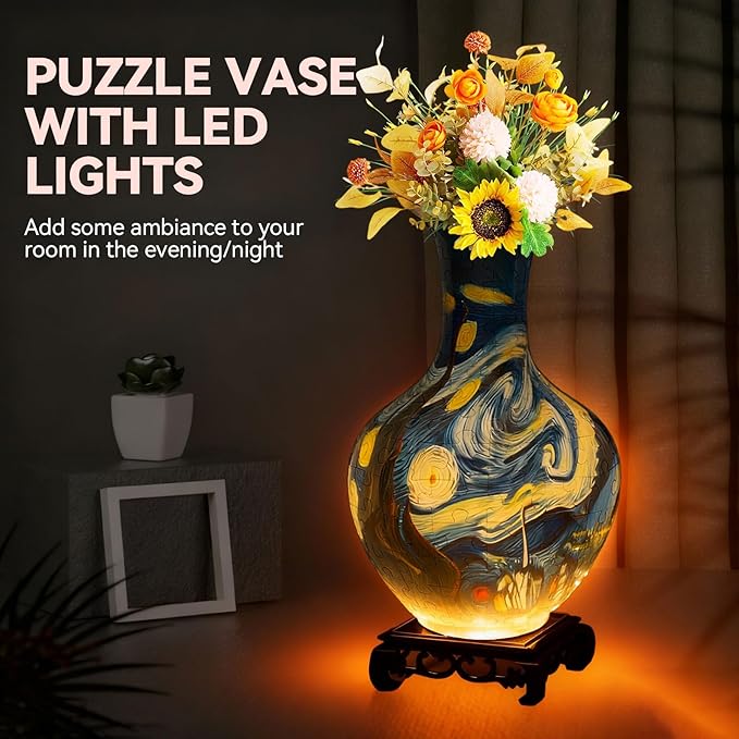 3D Puzzles Vase for Adults, Crafts for Adults, 164 Pieces Plastic DIY Unique Flower Vase with LED Light House Warming Gift Birthday Gifts for Flower Arrangements and Home Decor (Blue)