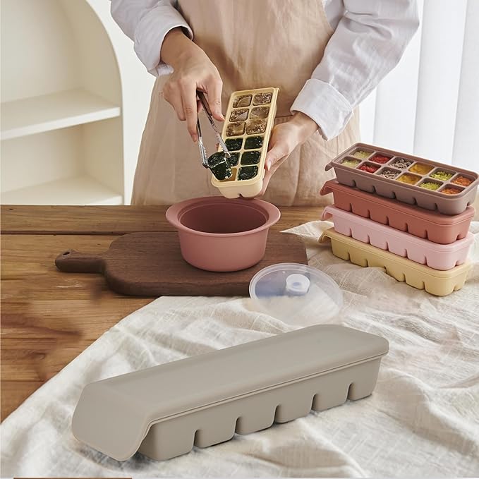 Silicone Freezer Trays with Lid, 0.7oz 12 Section 4 Sets - Leak Proof Silicone Freezer molds for Homemade Baby Food Breastmilk, Purees, Vegetables, Baby Food Jars Ice Tray with Lid BPA Free Mix