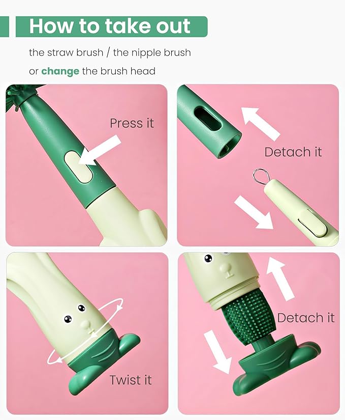5-in-1 Baby Bottle Brush Set, Bottle Brush for Baby, Baby Bottle Scrubber, Including Silicone & Nylon Bottle Brush, Bottle Cap Brush, Straw Brush, Nipple Brush, BPA-Free (Green)