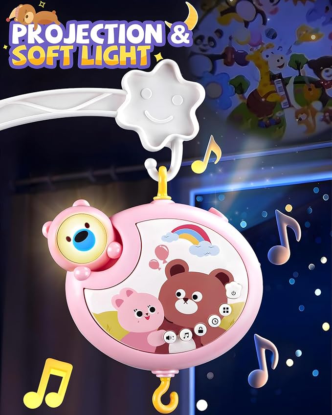 Crib Mobile With Music And Lights, Mobiles For Cribs, Baby Mobile Arm Toys Hanging For Bassinets Girls Boys, Nursery Musical Space Portable Infant Mobiles Clip On Pack And Play Hanger 0-6 Months