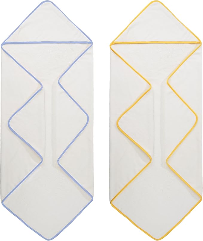 POLYTE Premium Hypoallergenic Microfiber Hooded Baby Bath Towel, 36 x 36 in, 2 Pack (White w/Yellow,Blue Trim)