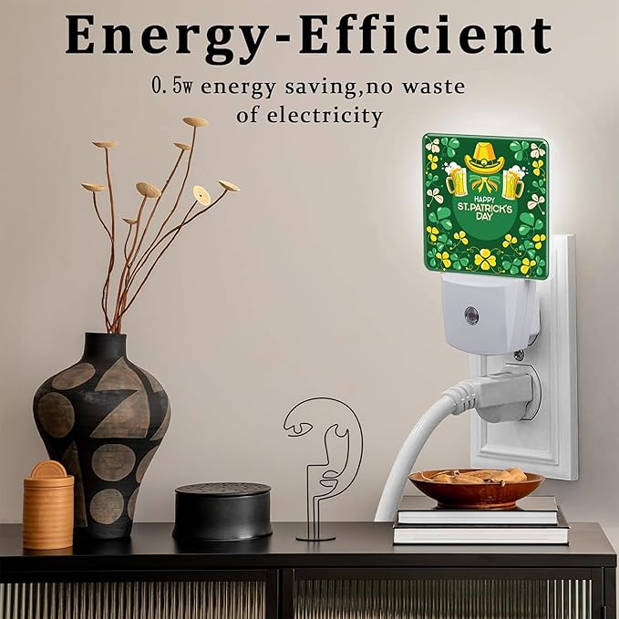 Happy St. Patrick's Day Night Light for Kids,Green Shamrock Leprechaun and Rainbow Night Light Plug in with Dusk to Dawn Sensor, 0.5w Energy Saving Sleep Friendly Nightlight for Kitchen Bedroom