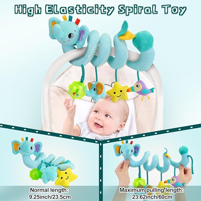 FPVERA Spiral Car Seat Activity Toy, Stroller Arch Baby Crib Hanging Toy with Rattle, Squeaky, Ringing Bell for Bassinet, Stroller, Crib for Infant Newborn Boy Girl Ages 0-12 Months