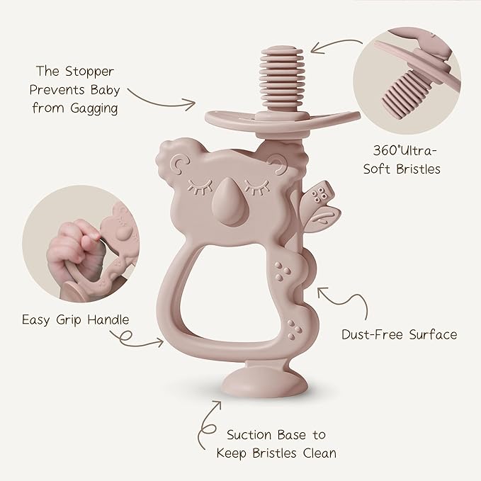 Moonkie Teething Toy, Safe & Easy to Hold BPA Free Silicone Teethers, 360° Baby Toothbrush with Suction Base, Teether Toys Best for Babies 6-12 Months (Koala Blush)