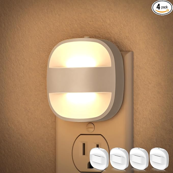 DORESshop Led Night Lights Plug Into Wall, 4 Packs Plug in Night Light Dimmable Mini with Auto Dusk to Dawn Sensor, 3000K Foldable Plug Nightlight Adjustable Brightness for Bedroom,Stairs,Hallway,
