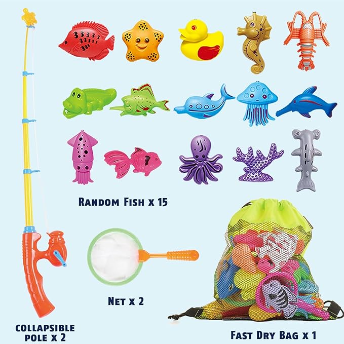 CozyBomB™ Magnetic Fishing Toys Game Set for Kids | Water Table Bathtub Kiddie Pool Party & Pole Rod Net, Plastic Floating Fish Toddler Color Ocean Sea Animals Christmas Age 3 4 5 6 Year