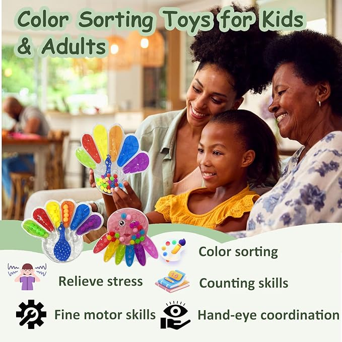 Color Sorting Sensory Toys, Fine Motor Skills Toys for Toddlers, Montessori Toy Preschool Learning Activitie, Sensory Activity Toy for Kids 3+ & Adults Octopus and Peacock