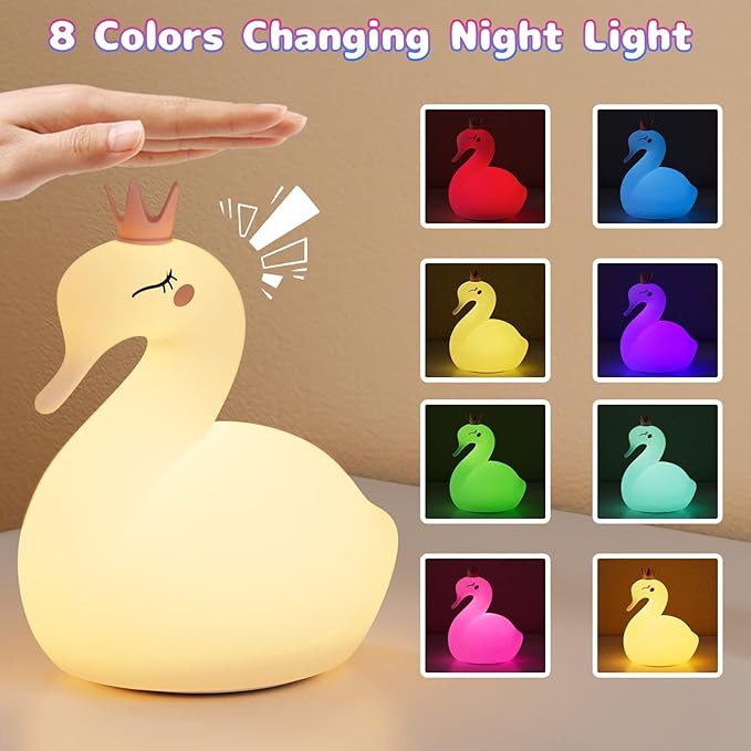 Silicone Night Light for Kids – Rechargeable Tap Control Lamp with 8 Colors, Cute Animal Design for Nursery, Toddler Room Decor, Gifts for Girls and Boys (Swan)