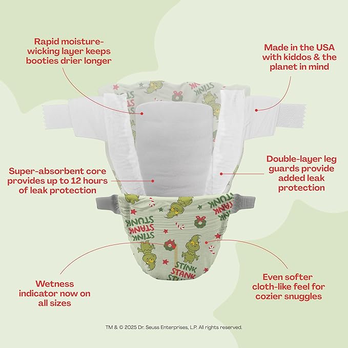 Hello Bello Dr. Seuss Baby Grinch Premium Diapers, Size 1 (8-12 lbs), 82ct Plus Bonus Wipes: Softness & Protection for Sensitive Skin