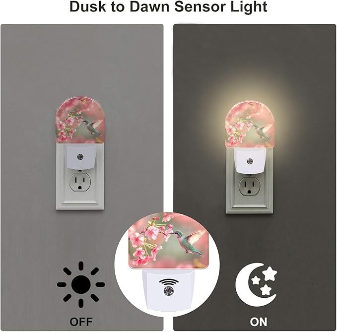 Hummingbird with Cherry Blossoms Night Light Plug into Wall, Pink Flowers Bird Dusk to Dawn Night Light,0.5w Energy Saving Sleep Friendly Nightlight for Kids Boys Girls Home