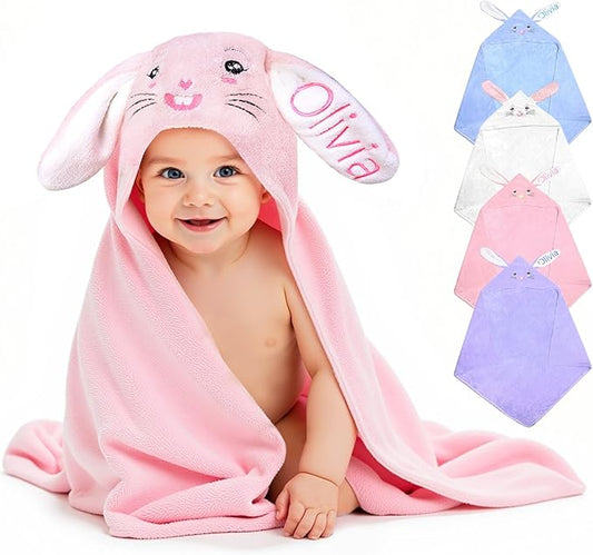 Custom Hooded Bath Towel with Name, Personalized Highly Absorbent Bunny Towels, Baby Bath Towels for Girls Boys, Christmas Brithday Shower Gifts for Baby, Toddler, Newborn (Pink)