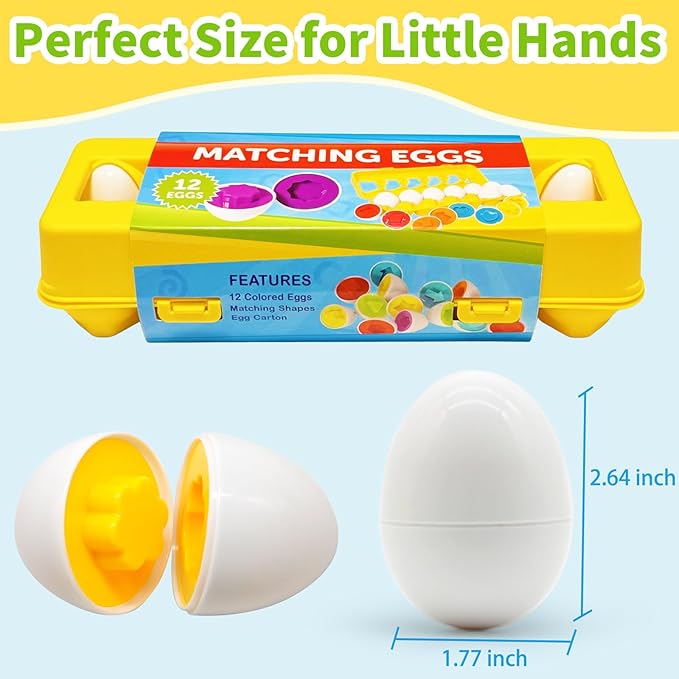 Matching Eggs for Toddlers 1-3, 12 Pcs Set Shape Sorter Puzzle Color Sorting Learning Fine Motor Skills Game, Sensory Educational Montessori Toys Gift for 1 2 3 Year Old Kids Baby Boys Girls