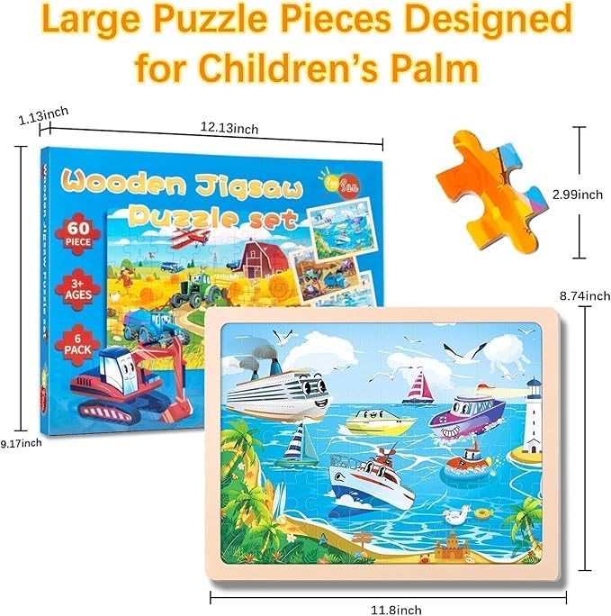 Christmas Wooden Puzzles for Kids Ages 4-6,6 Pack 60Pcs Jigsaw Wooden Car Truck Puzzles for Toddlers 3-5,Preschool Educational Brain Toys Gifts for Boys and Girls 2 4 3 5 Year Old（Vehicle）