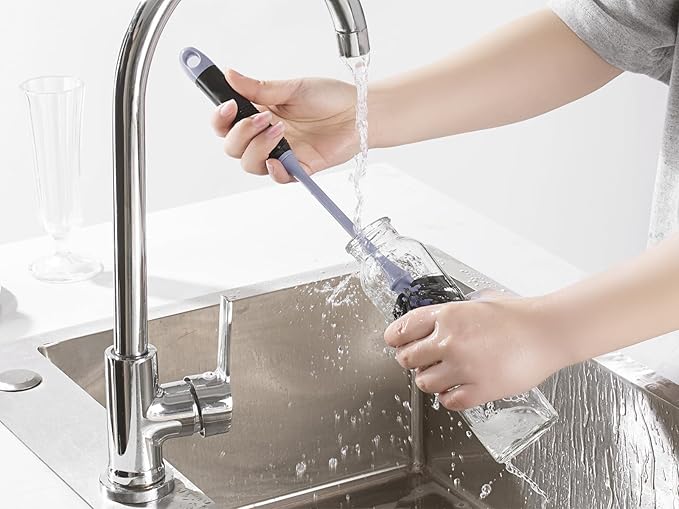 Bottle Brush Cleaner, Long Handle Bottle Brush with Dual Bristles for Water Bottles, Glassware, Mugs, Sports & Baby Bottles Cleaning, Black 4 Pack