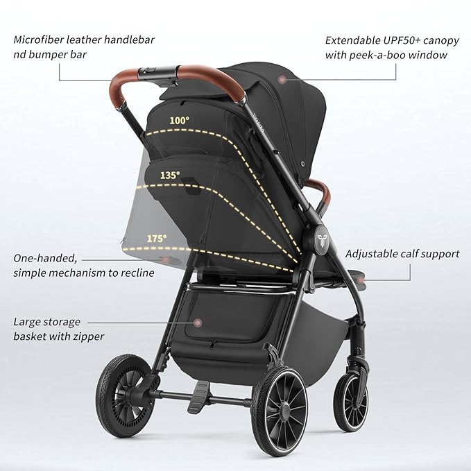 Tinyiota Baby Stroller for Kids,Toddler Stroller with Large UPF 50+ Canopy,Luxury Strollers with Leather Handle & Spacious Seat, One-Hand Foldable Pushchair,Baby Carriage with Lie-Flat Mode(Black)