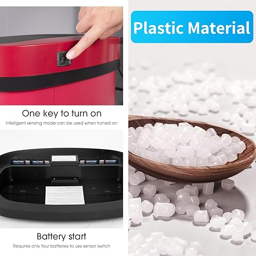 BestOffice | 13 Gallon Plastic Trash Can with Lid | Red | Automatic Touchless Garbage Can | Odor Control | Modern Oval Design | Easy to Clean | Fits Any Kitchen, Bathroom, Office or Home