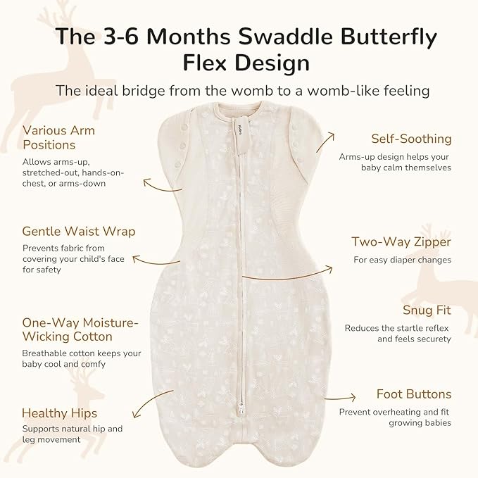 Transition Swaddle Sleep Sack, 3-6 Months, 12-18 lb, 2-Way Zipper, Moisture-Wicking Fabric, Improves Sleep, Snug Fit (Jungle and Deer)