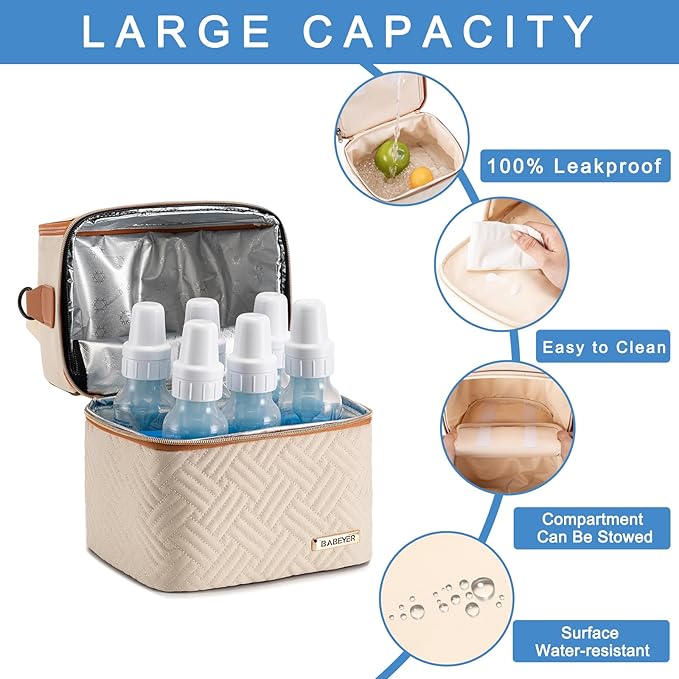 Breastmilk Cooler Bag with Ice Pack & Mat Fit 6 Bottles Up to 9 Ounce, Breast Milk Pump Cooler Bag for Moms Daycare,Work&Travel, Cream