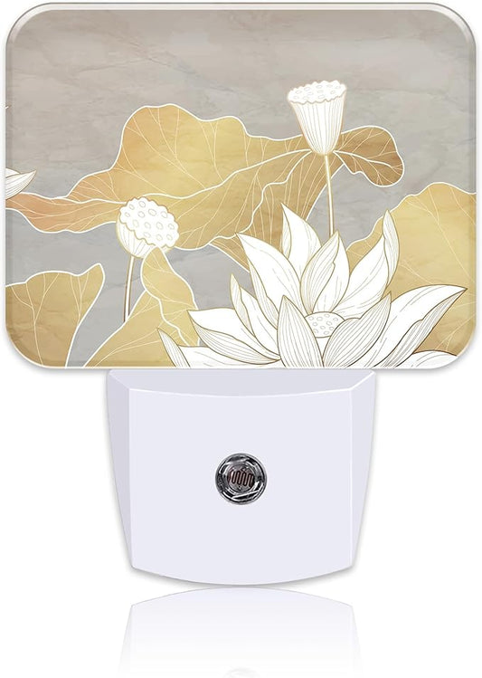 Luxury Water Lily Flowers Night Light Plug into Wall, Golden Lotus and Leaves Night Light with Dusk to Dawn Sensor for Kid Girls Boys Women Men Room, Hallway, Kitchen, Bathroom, Stairs Decor