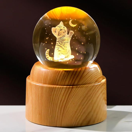 3D Cat Crystal Ball 2.36“ Engraved with Rotated Wood Base, Cat Lover Gifts for Women Girls Mothers Day Birthday Cats Decorative Globe Decor (Gifted Box)
