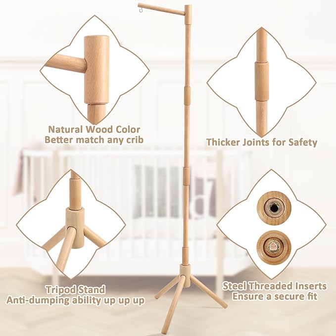 Floor-Standing Crib Mobile Arm - 61.4 Inch Wooden Mobile Arm for Crib - Movable Baby Mobile Hanger with Strong Anti-Dumping Attachment - 100% Beech Wood - Easy Assembly - Nursery Decor