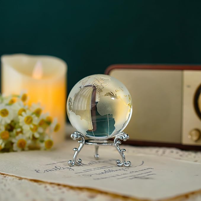 60mm World Globe Crystal Earth Ball Paperweight with Stand Glass Sphere Display Globe Ball Christmas Decor for Home Office Desk