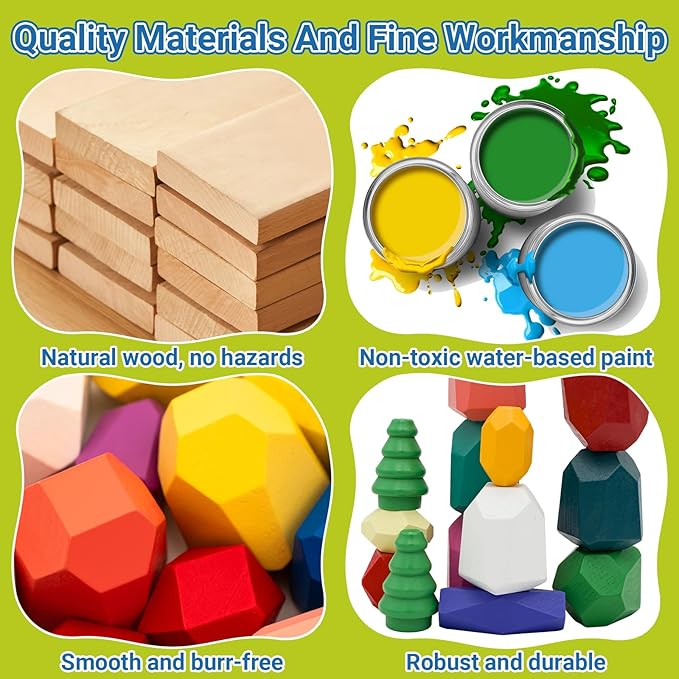 58PCS Montessori Wooden Stacking Rocks Toys Colorful Stacking Stones Building Blocks Games Sensory Toy for Toddlers Educational Learning Toys for 1 2 3 4 5 6 Years Old Kids