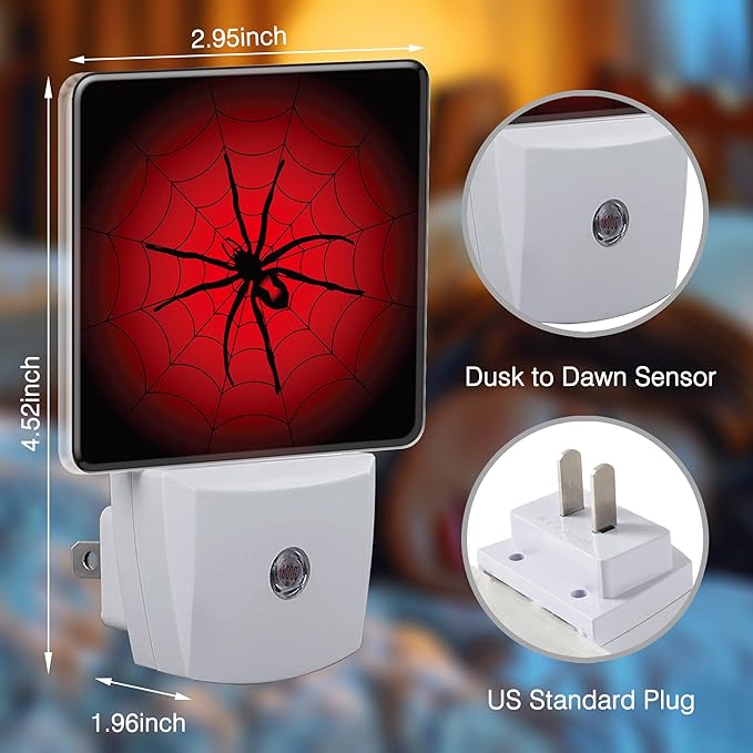 Red Spider Web Night Light Cobweb Trap Gossamer Plug in Night Lights LED Lamp with Dusk to Dawn Sensor Auto Energy Saving Square Lights for Bedroom Bathroom Hallway Home Wall Decor Nightlight