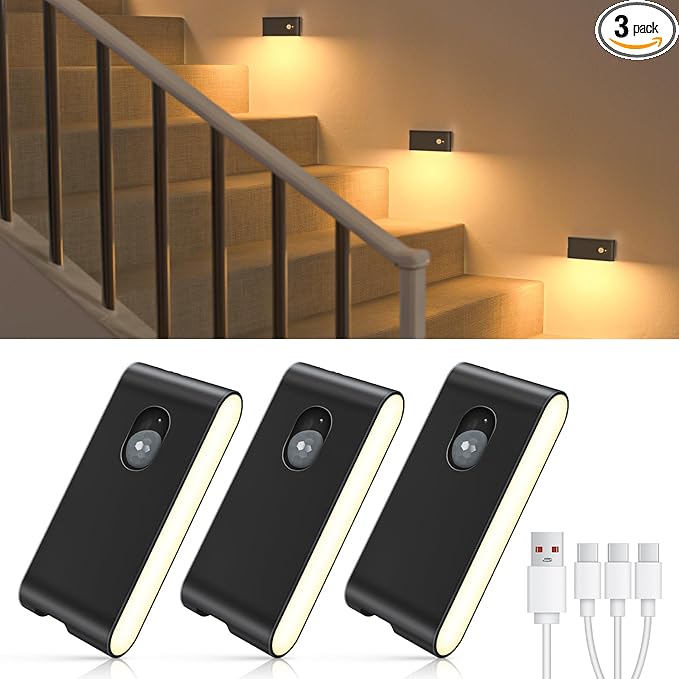WILLED Rechargeable Night Light, Wireless Stair Lights Indoor, Warm White Motion Sensor Light Indoor, Stick-Anywhere, Battery Powered Night Light for Hallway, Stairway, Bathroom, Bedroom, 3 Pack